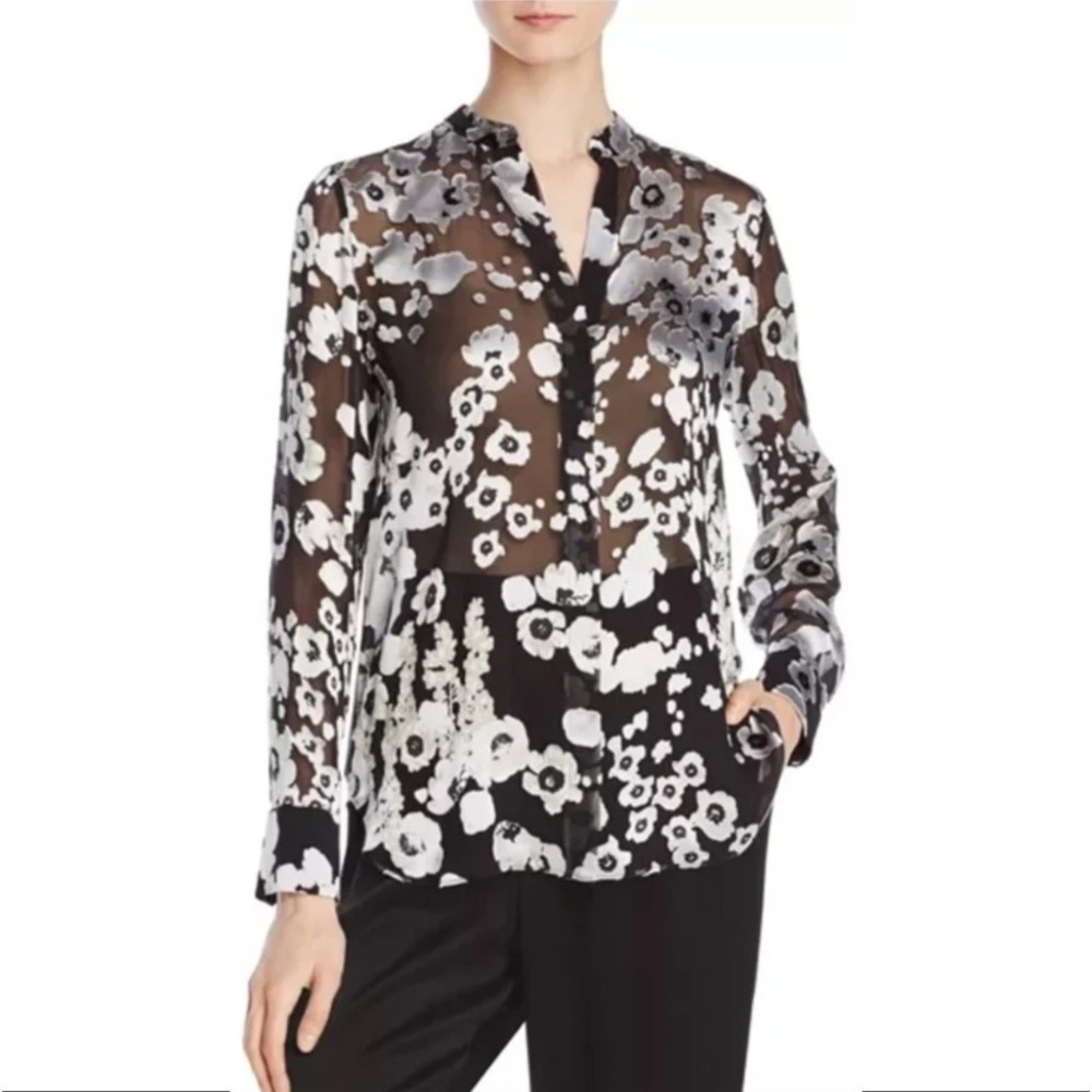 Alice + Olivia Floral Silk Blend Sheer Blouse Top Black White Tan Size Large